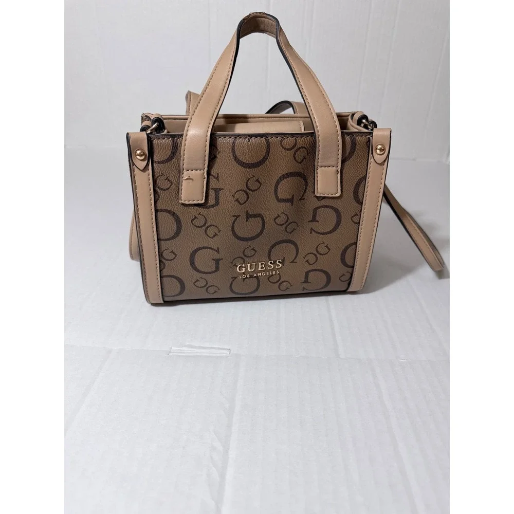 Guess Los Angeles Mini Crossbody Tote Bag Brown Tan Logo Print Satchel Handbag